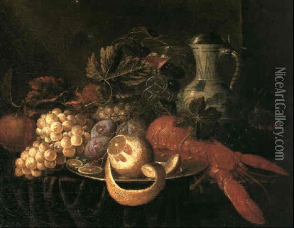 A Still Life With A Lobster, A Plate Of Fruit Including A   Half Peeled Lemon, Plums, A Bunch Of Grapes And Vines, A Oil Painting - Jan Pauwel Gillemans The Elder