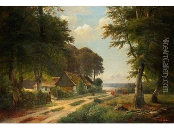 Das Bauerngehoft Am Seeufer Oil Painting - Anders Andersen-Lundby