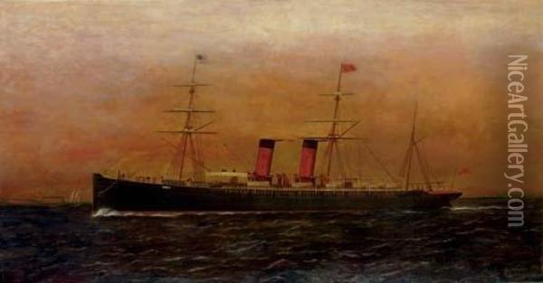 The British Steam Ship Umbria 
Entering New York Harbor, Governors Island Off Her Starboard Side Oil Painting - Antonio Nicolo Gasparo Jacobsen