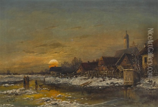Winterliche Dorflandschaft Im Abendlicht Oil Painting - August Edler von Ruedt