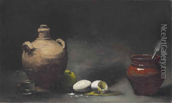 Still Life With Jugs And Eggs Oil Painting - Theodule Ribot