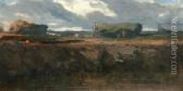 Landschap Met Dorp Aan De Horizon Oil Painting - Gustave Courbet