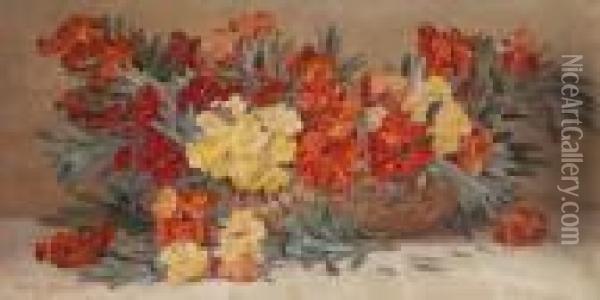 Still Life Of Spring Flowers Ina Basket Signed Bottom Left Oil Painting - Edith Isabel Barrow