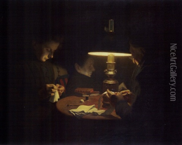 Autour D'une Lampe Oil Painting - Henry Bouvet