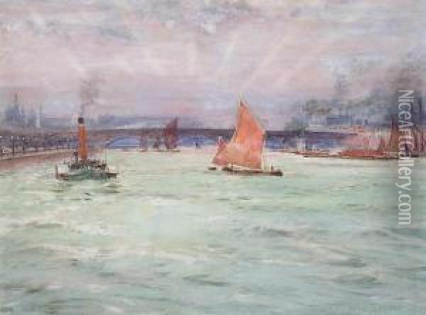 Barges And Paddle Tug On The Thames, Beforewaterloo Bridge Oil Painting - Charles John de Lacy