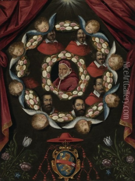 Papst Sixtus V. Umgeben Von Kardinalen Und Engeln Oil Painting - Jan van der Straet (Stradanus)