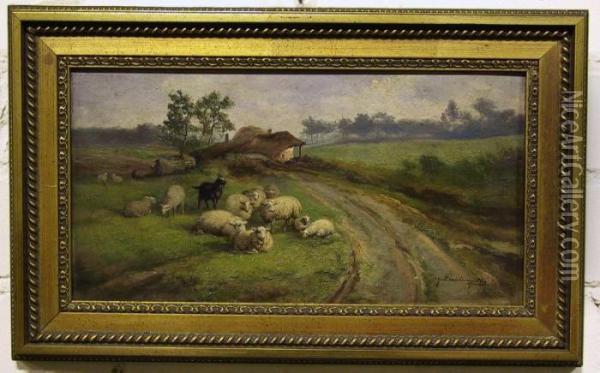 Category: Painting
 Description:kudde Schapen Aan Een Landweg. Oil Painting - Jef Louis Van Leemputten