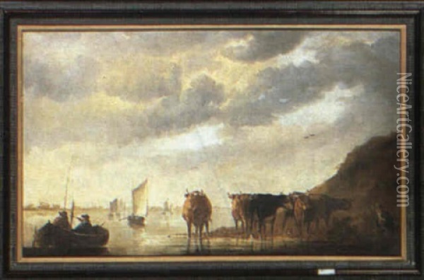 Cattle On The Banks Of A River Oil Painting - Aelbert Cuyp