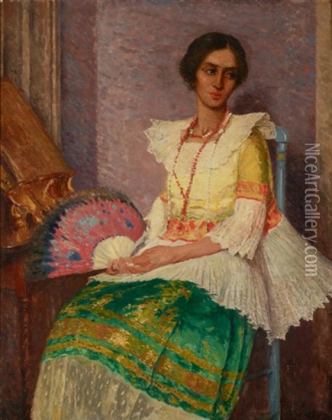 Portrait Of A Young Woman With A Fan Oil Painting - Ernest Clifford Peixotto