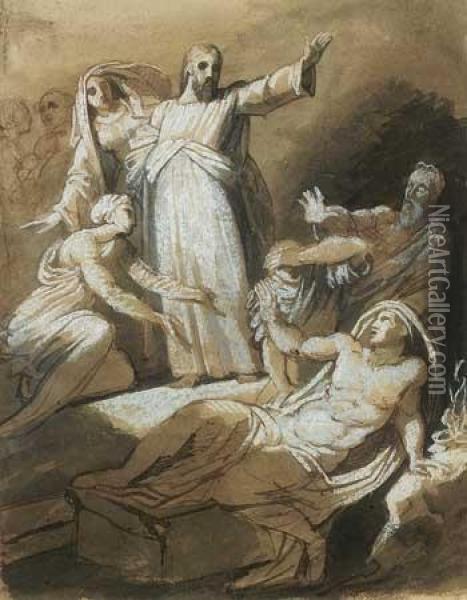 La Resurrection De Lazare
 Plume Et Encre Brune, Lavis Brun Et Gris, Sanguine Oil Painting - Paul Emile Destouches