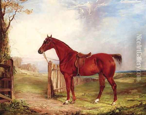 A saddled chestnut Hunter in an extensive Landscape with a Hunt beyond Oil Painting - Thomas W. Bretland