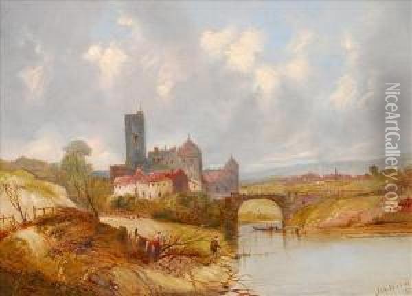 Figuresfishing With A Buildings Beyond Oil Painting - Alfred G., H., Or Sr Vickers