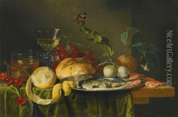 A Still Life Of A Glass Of Wine With Grapes, Bread, A Glass Of Beer, A Peeled Lemon, Fruit, Onions And A Herring On A Dish Upon A Table Draped With A Green Cloth Oil Painting - Jan Davidsz De Heem