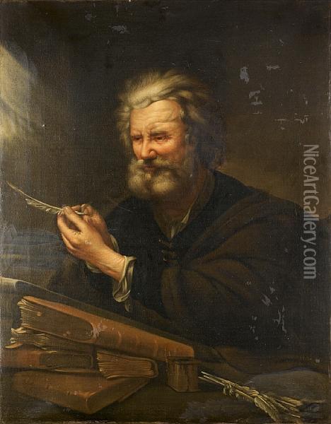 An Elderly Man Making A Quill Seated At A Desk Laden With Books Oil Painting - Joseph Ii Bergler