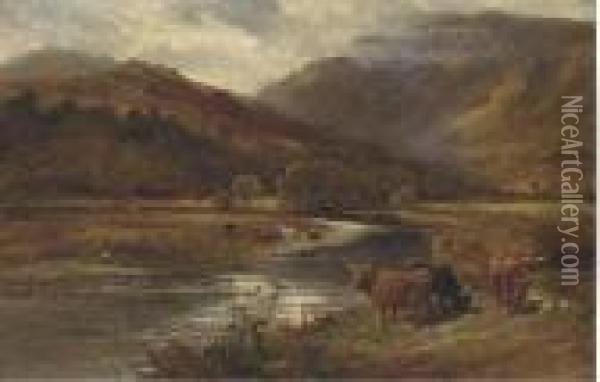 Highland Cattle Grazing By A River Oil Painting - Richard Beavis