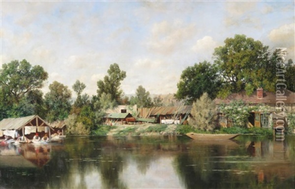 Washerwomen On A River, Possibly The Erdre Oil Painting - Claude-Francois-Auguste de Mesgriny