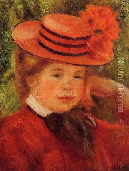 Young Girl In A Red Hat Oil Painting - Pierre Auguste Renoir