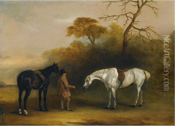 A Groom With A Dark Bay And Grey Hunter Oil Painting - John Jnr. Ferneley