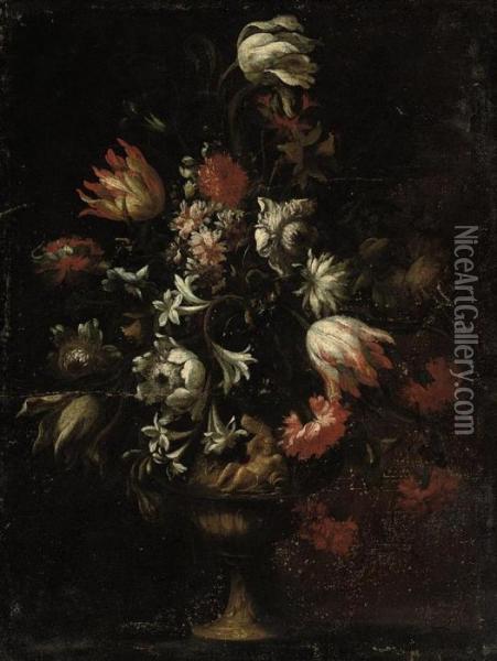 Carnations, Asters, Lilies And Morning Glory In A Sculpted Urn On Atable Oil Painting - Mario Nuzzi Mario Dei Fiori
