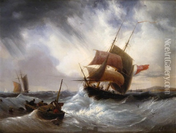 A Brig And A Small Boat In A Stormy Sea Oil Painting - Ambroise Louis Garneray
