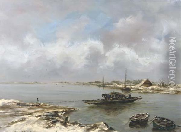 Le Bac: Crossing The River In Winter Oil Painting - Johann Hendrik Van Mastenbroek