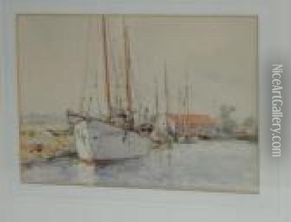 A Two-masted Yacht And Other Vessels Moored Up Oil Painting - Arthur John Trevor Briscoe