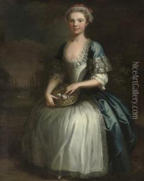 Portrait Of A Girl, Full-length,
 In A Blue Dress And Pink And White Lace Bonnet, Holding A Basket Of 
Flowers, In A Formal Garden Oil Painting - Bartholomew Dandridge