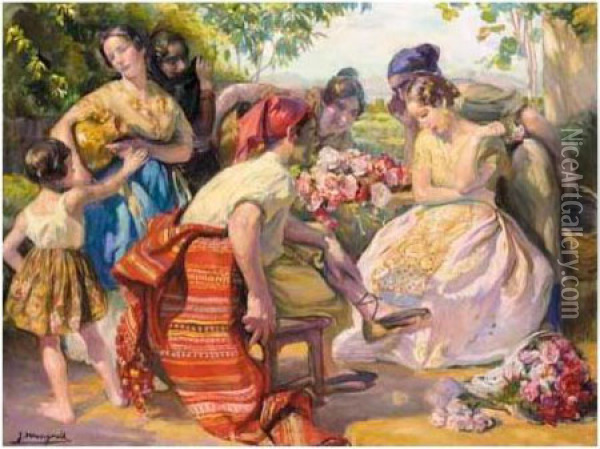 Mujeres Con Flores (women With Flowers) Oil Painting - Jose Mongrell Torrent