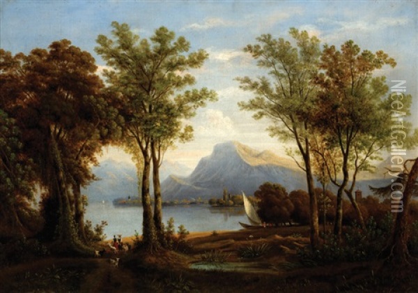 View On A Lake At The Foot Of Mountains Oil Painting - Hendrik Johannes Knip