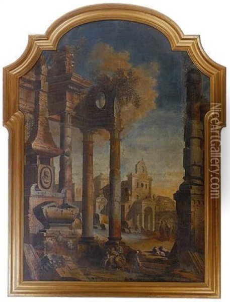 A Capriccio Landscape With Figures By Ruins In The Foreground Oil Painting - Pietro Paltronieri