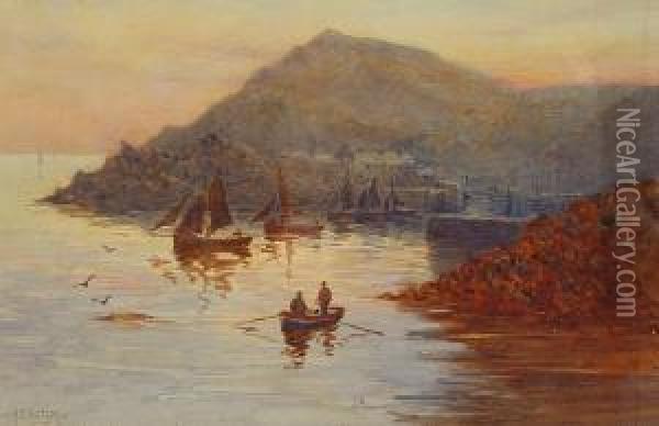 Evening, Polperro Harbour Oil Painting - Herbert E. Butler