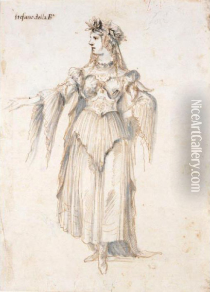 An Elaborately Costumed Standing Woman Wearing A Laurel Wreath Oil Painting - Stefano della Bella