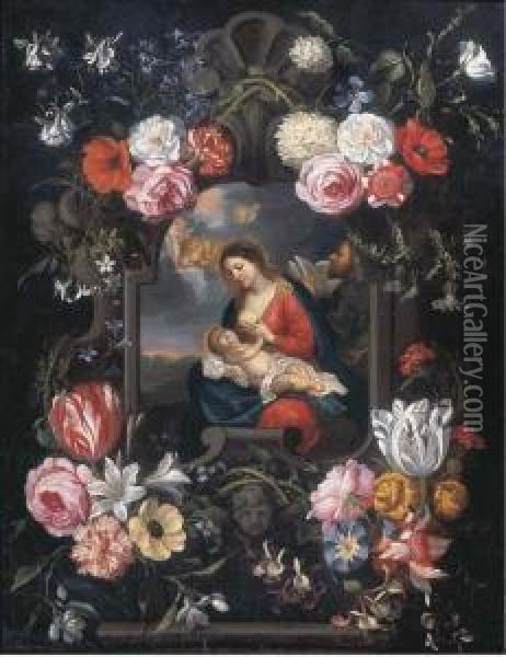 The Virgin And Child In A Carved Stone Cartouche Surrounded Byflowers Oil Painting - Jan Peeter Brueghel