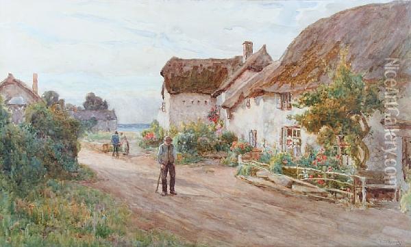 A Village Lane With Figures Before Thatchedcottages And Gardens Oil Painting - Tom Clough