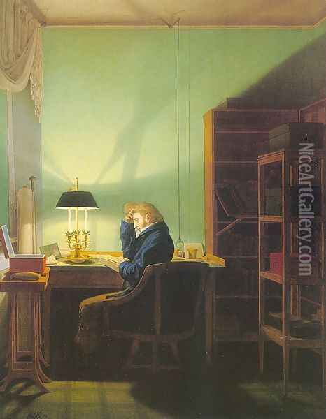 Man Reading by Lamplight 1814 Oil Painting - Georg Friedrich Kersting