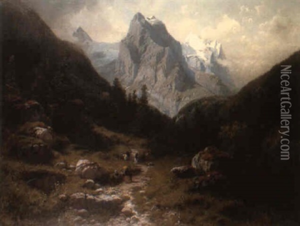Elegant Figures On A Path Before The Well And The Wetterhorn Oil Painting - Julius Karl Rose