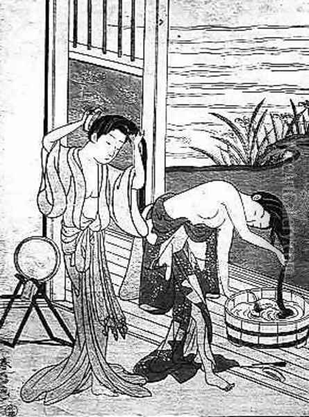 Young Women at their Toilet Oil Painting - Suzuki Harunobu