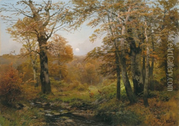 Rotwild Im Wald Oil Painting - Heinrich Boehmer