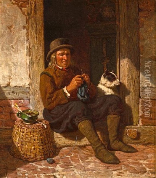 A Man Seated In A Doorway Knitting With His Dog Oil Painting - Rudolf Jordan
