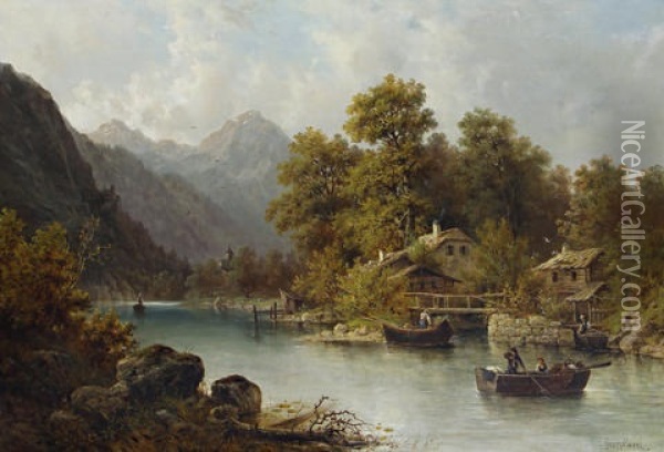 An Alpine River Scene Oil Painting - Julius Karl Rose