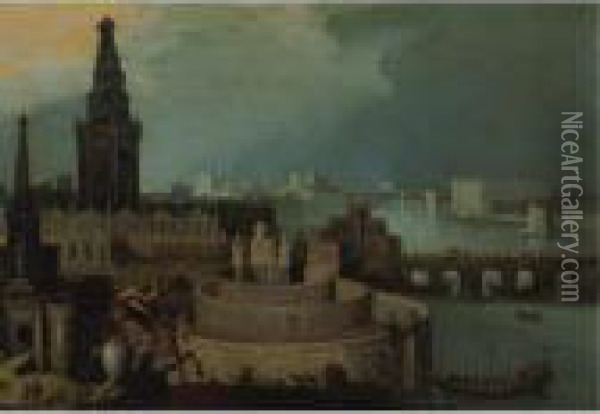 An Imaginary City By A River With A Horseman Hunting A Lion Oil Painting - Louis de Caullery