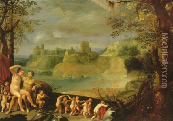 Mars, Venus And Putti In A River Landscape Oil Painting - Carlo Saraceni
