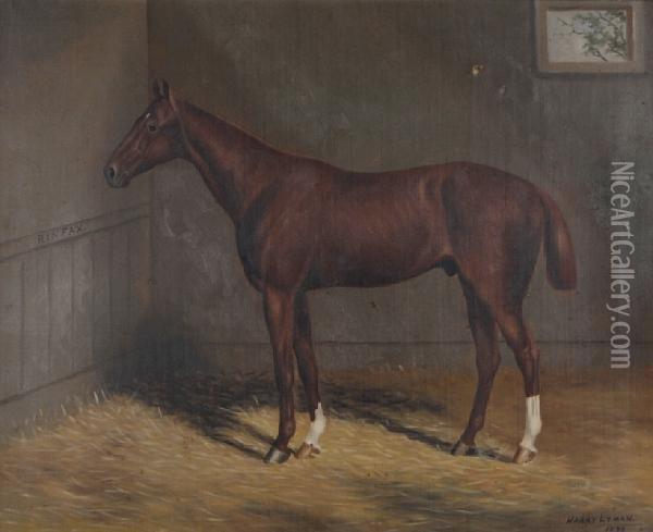 The Horse Rinfax In A Stable Oil Painting - Harry Lyman