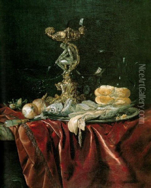 Still Life Of Fish On A Pewter Platter, An Orpheus Salt Cellar, A Roemer And Other Objects, All On A Draped Table Oil Painting - Willem Van Aelst