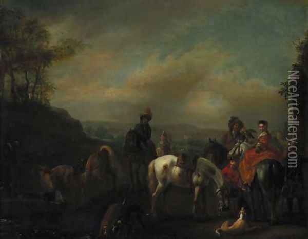 A hawking party at rest in a landscape Oil Painting - Philips Wouwerman