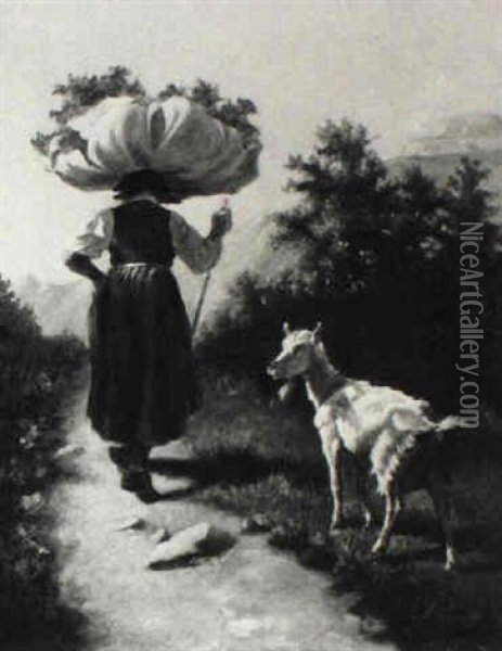 A Woman With A Goat Carrying A Bag Oil Painting - Stefano Novo