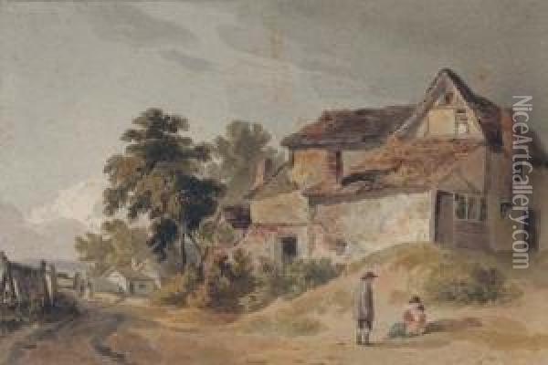 Figures By An Old Farmhouse At The Edge Of A Track Oil Painting - Tobias Young