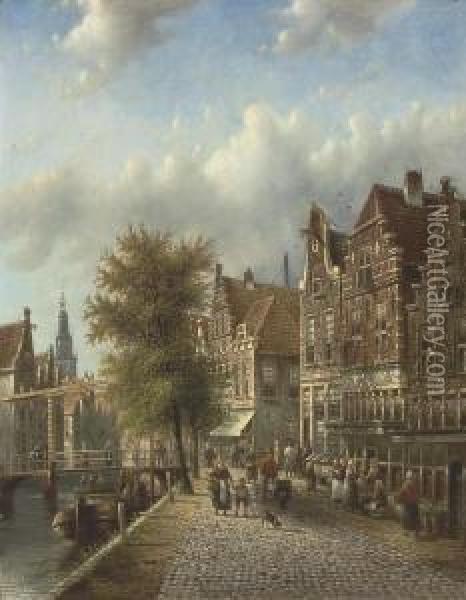 Figures By A Canal, Amsterdam Oil Painting - Johannes Franciscus Spohler