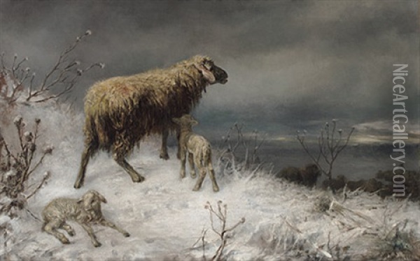 Blick Von Der Hohe In Verschneite Landschaft Mit Mutterschaf Und Lammern Oil Painting - Max Ludwig Lebling