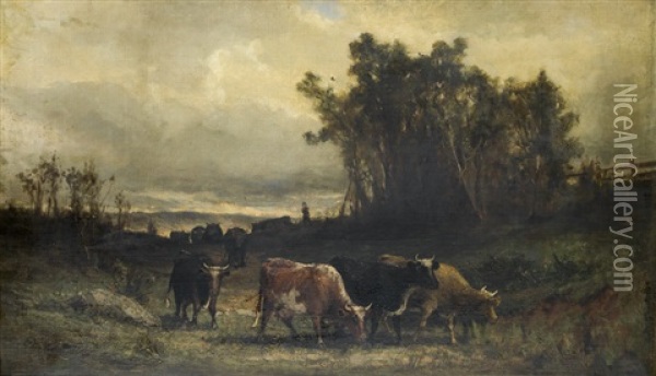 Untitled (cow Herd In Pastoral Landscape) Oil Painting - Edward Bannister
